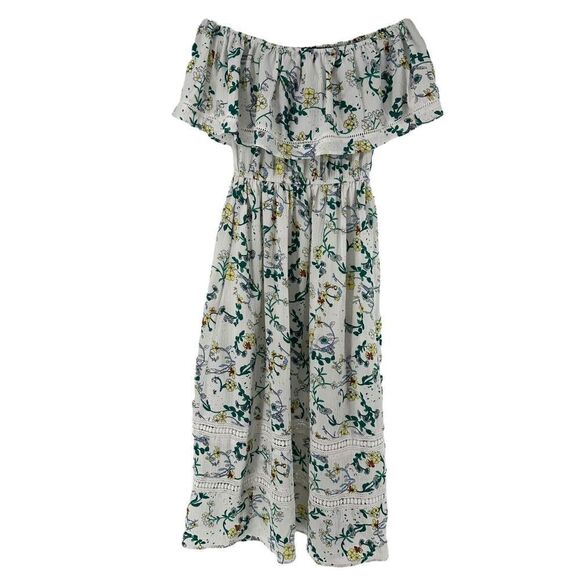 Off The Shoulder Midi Dress Ruffle White Green Floral Size 4 Pretty Little Thing - Picture 9 of 9
